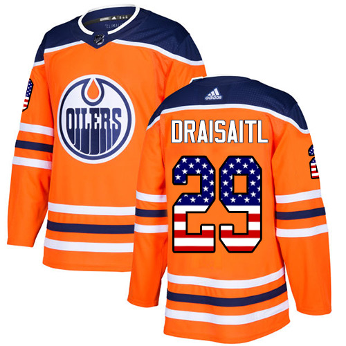 Adidas Oilers #29 Leon Draisaitl Orange Home Authentic USA Flag Stitched NHL Jersey